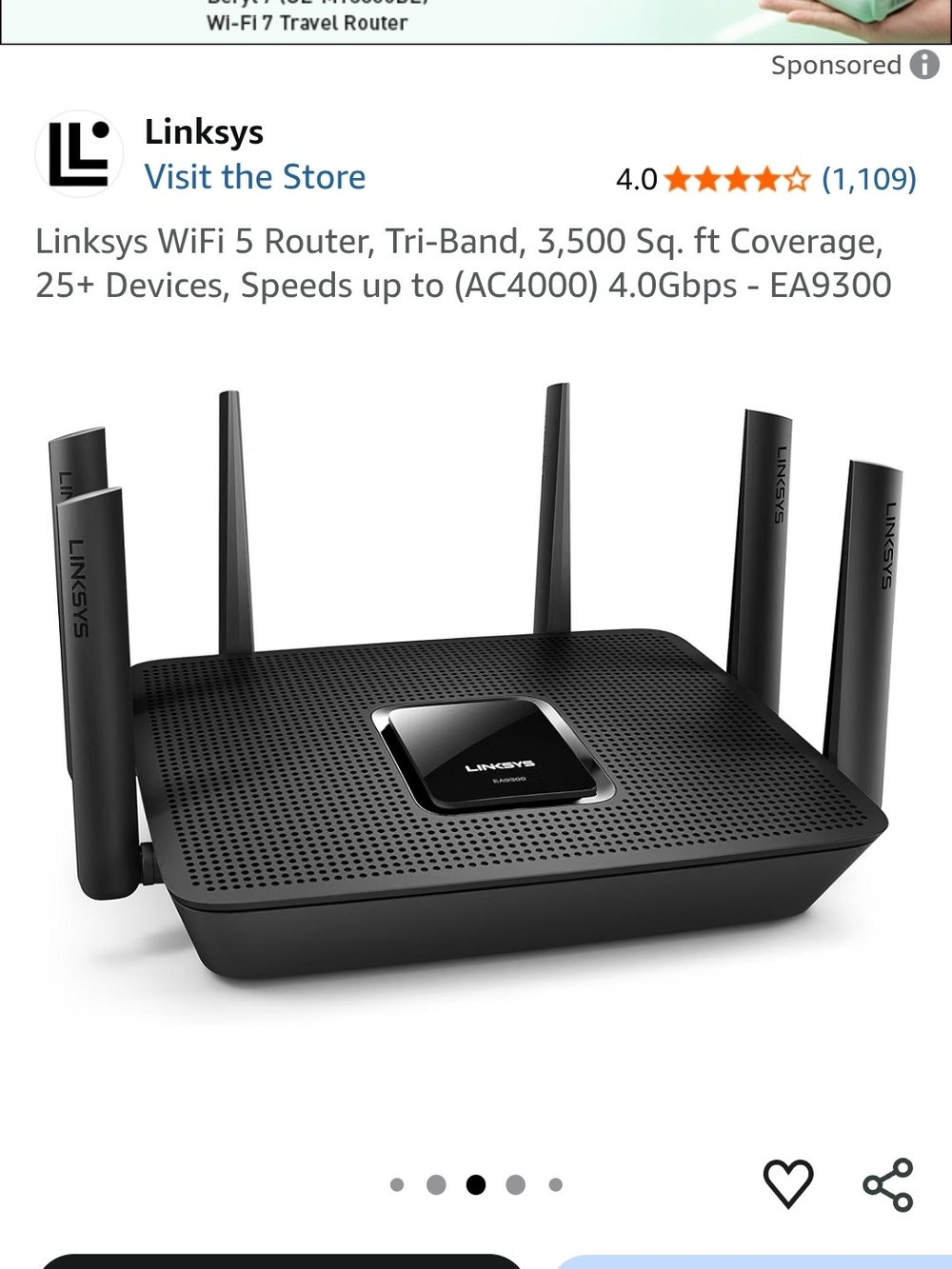 Linksys Black Tri-Band WiFi Router with Six Antennas (AMAZON RENEWED)